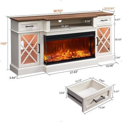 Elegant electric fireplace entertainment center with storage, white finish, and wood top, perfect for modern living rooms and adding warmth and style to your home decor.