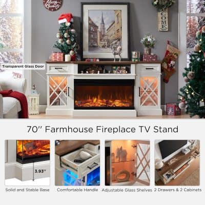 70-inch farmhouse fireplace TV stand with electric fire, white finish, glass doors, and storage drawers, perfect for holiday decorating and cozy winter ambiance.