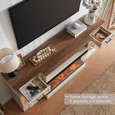 Natural wood and white modern TV stand with drawers and cabinets, electric fireplace, decorative items, and storage drawers, perfect for contemporary living room organization.
