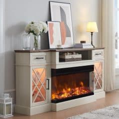Modern elegant fireplace with white storage cabinet, abstract art, and soft lighting creates a cozy, stylish living room ambiance. Perfect for home decor and relaxation.