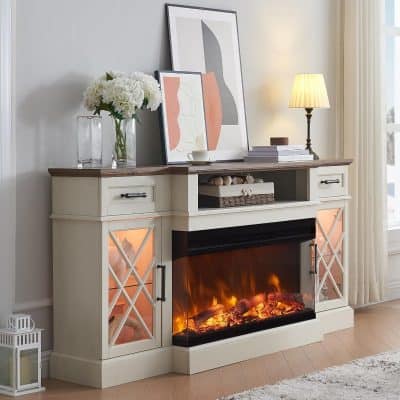 Modern elegant fireplace with white storage cabinet, abstract art, and soft lighting creates a cozy, stylish living room ambiance. Perfect for home decor and relaxation.
