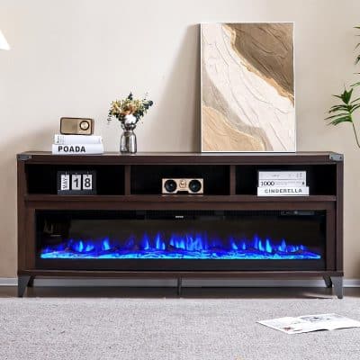 Modern living room featuring a sleek electric fireplace, stylish wooden console, abstract wall art, decorative items, and a cozy ambiance for contemporary home decor.