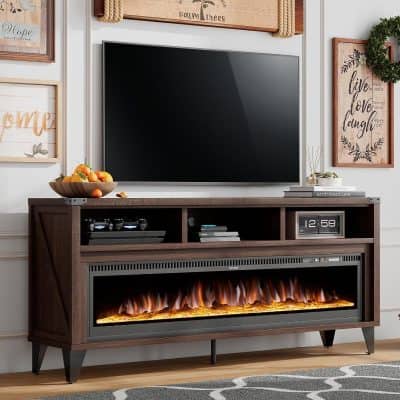 Elegant wooden entertainment center with modern electric fireplace and TV setup, perfect for stylish living rooms; enhances home decor and cozy ambiance.