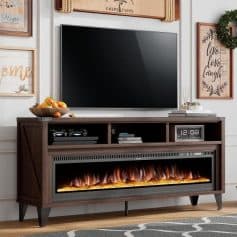 Elegant modern entertainment center with an electric fireplace, ideal for contemporary living rooms, showcasing sleek design, media storage, and warm ambiance. Perfect for stylish home decor.
