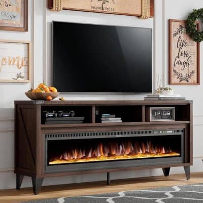 Elegant modern entertainment center with an electric fireplace, ideal for contemporary living rooms, showcasing sleek design, media storage, and warm ambiance. Perfect for stylish home decor.