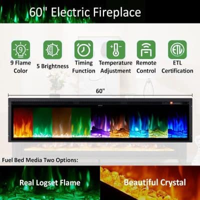 60-inch electric fireplace with colorful flame effects, remote control, temperature adjustment, timing function, ETL certification, and dual fuel bed media options including real logset flame and crystal; perfect for modern home heating and ambiance.