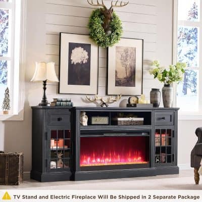 TV stand with electric fireplace, black wooden console, decorative antler accents, framed wall art, greenery, vintage-style table lamp, and cozy interior decor at Monalisa Store.
