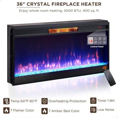 36 inch crystal fireplace heater for home decor, providing efficient warmth and ambiance, perfect for living rooms and bedrooms, with remote control and safety features.