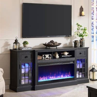 Sleek black entertainment console with built-in electric fireplace and glass-paneled doors in living room, stylish TV stand with decorative accents, ideal for modern home decor.