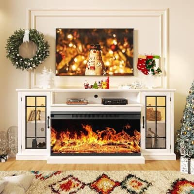 Festive holiday living room decor featuring a fireplace with a vibrant fire insert, Christmas stockings, a decorated Christmas tree, and a mounted TV display for cozy seasonal ambiance.