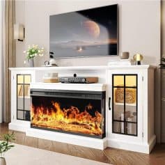 Fireplace TV stand with electric fire insert, white wood media console with glass doors, modern home entertainment center with fireplace, living room furniture for cozy ambiance.