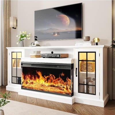 Fireplace TV stand with electric fire insert, white wood media console with glass doors, modern home entertainment center with fireplace, living room furniture for cozy ambiance.
