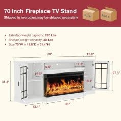 Fireplace TV stand with LED flames, white finish, 70-inch wide, with storage cabinets, ideal for living rooms, modern design for cozy ambiance and media setup.