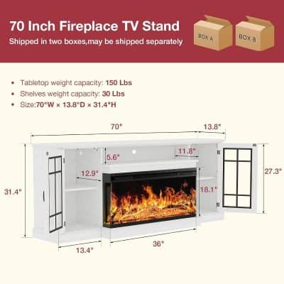 Fireplace TV stand with LED flames, white finish, 70-inch wide, with storage cabinets, ideal for living rooms, modern design for cozy ambiance and media setup.