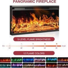 Panoramic fireplace with customizable flame colors and brightness, ideal for modern home decor and creating cozy ambiance, available at Monalisa Medical.