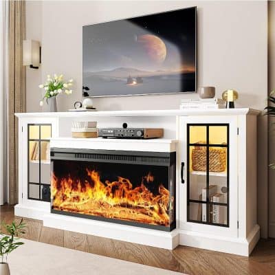 Aesthetic white media console with a built-in electric fireplace, decorative items, and a flat-screen TV mounted above, in a modern living room.