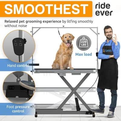 Extended pet grooming table with lift mechanism for gentle, noise-free grooming sessions, featuring hand control and foot pressure dial for customizable height adjustment, ideal for professional pet care.