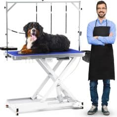 A professional groomer with a dog on grooming table, demonstrating pet grooming services at Monalisa Medical Store.