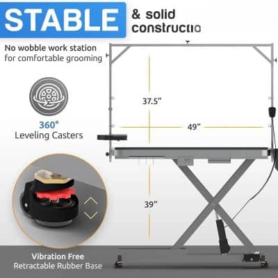 Polyurethane grooming table with adjustable height, anti-slip surface, and vibration-free retractable rubber base for pet grooming salons. Features 360° leveling casters and a sturdy, stable design for professional grooming.