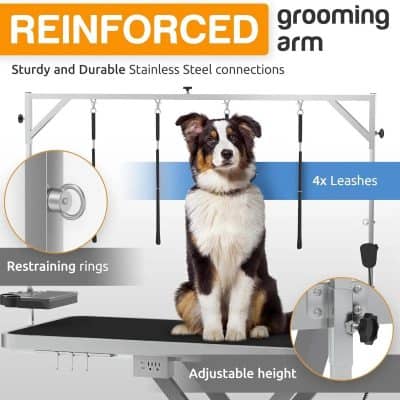 Stainless steel dog grooming arm with reinforced design, adjustable height, restraining rings, and secure leashes for professional pet grooming setups at Monalisa Store.