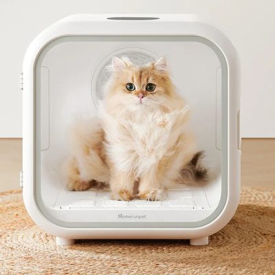 Fluffy orange Persian cat inside a modern, compact cat dryer from Monalisa Store, designed for pet grooming and hygiene.