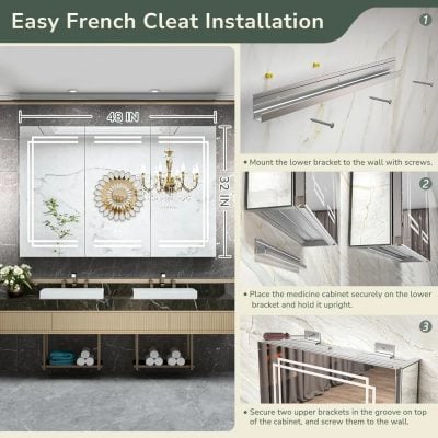 Elegant bathroom mirror with built-in LED lighting and decorative frame for modern interior decor.