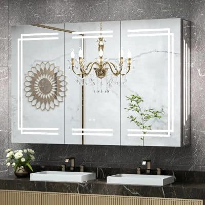 Elegant modern bathroom mirror with built-in LED lighting, chandelier, and black marble countertop, perfect for luxury interior design and upscale home decor.