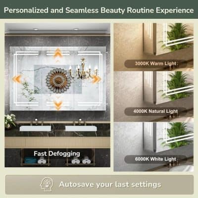 Bright bathroom mirror with adjustable LED lighting, featuring 3000K warm light, 4000K natural light, and 6000K white light options for personalized illumination.