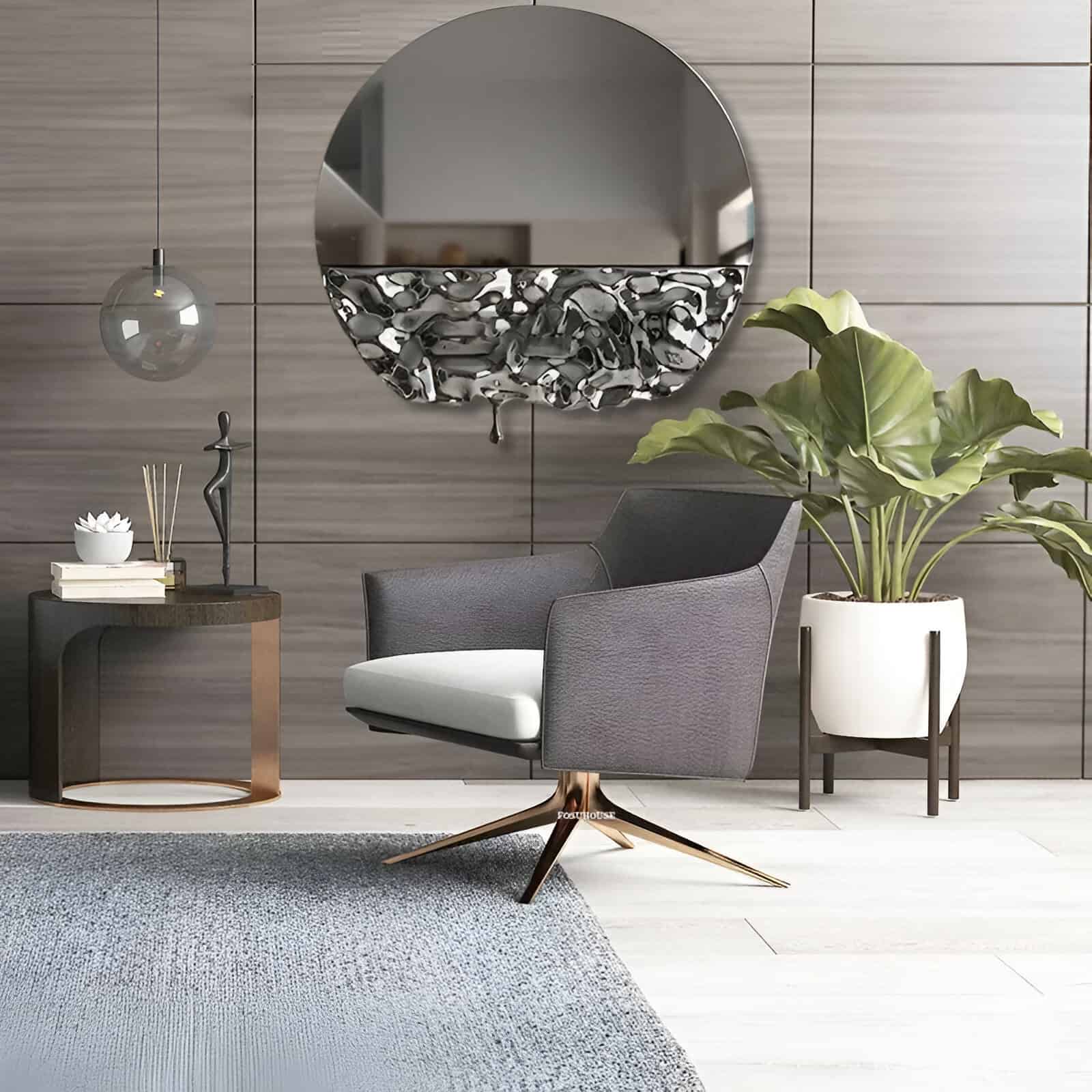 Elegant modern waiting area at Monalisa Medical Store with stylish armchair, decorative mirror, contemporary side table, and lush green plant, perfect for an inviting optometry clinic environment.