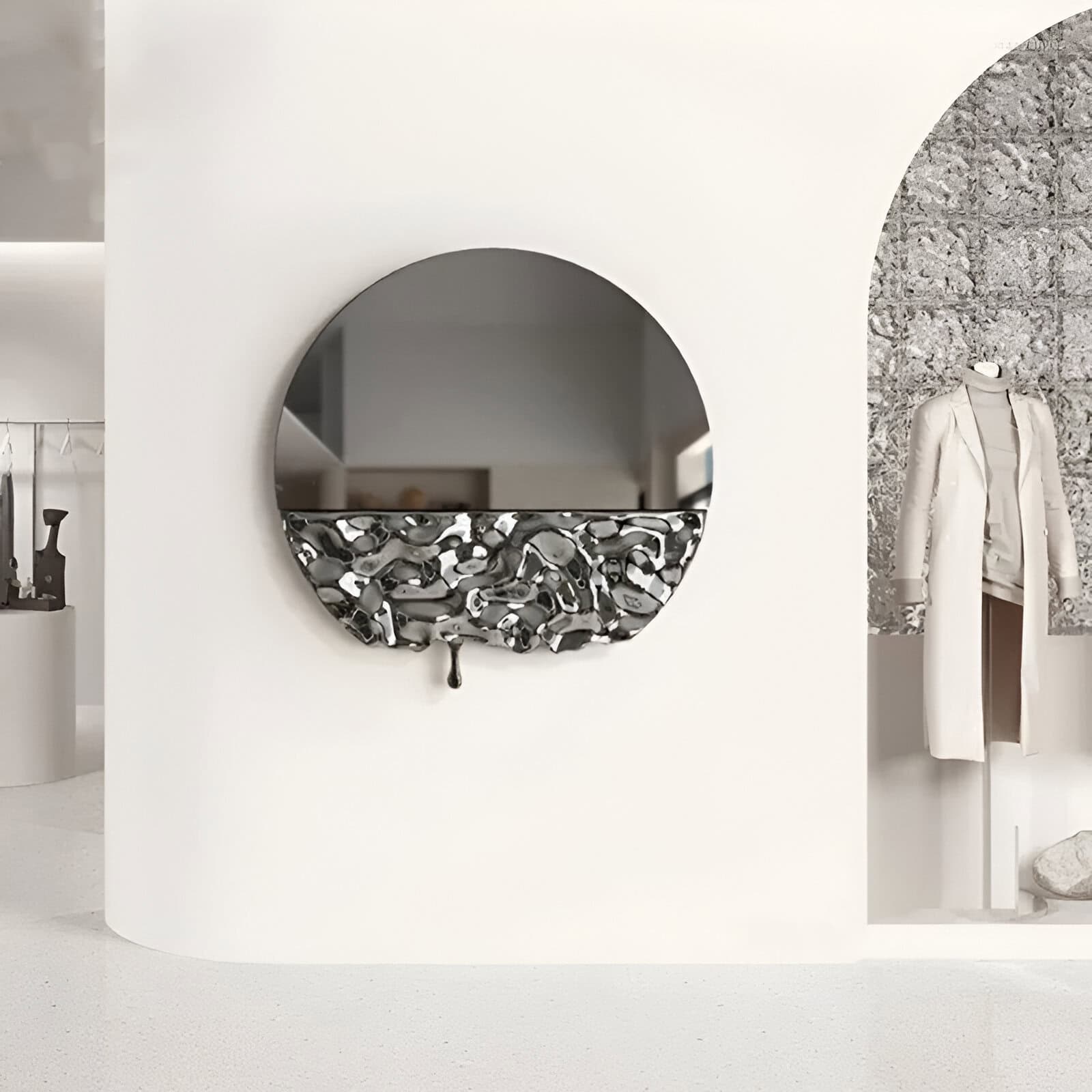 Mirror with decorative black and silver frame at Monalisa Store for stylish eyewear display.