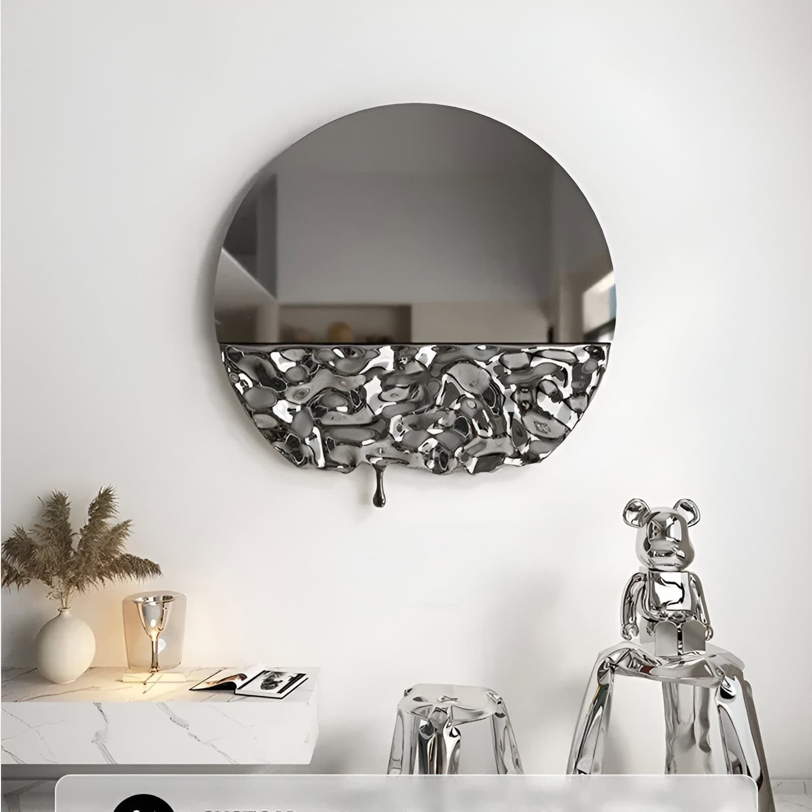 Sleek round mirror with a decorative metallic bottom accent, modern interior design, Monalisa Store, stylish home decor, contemporary aesthetic, elegant wall mirror.