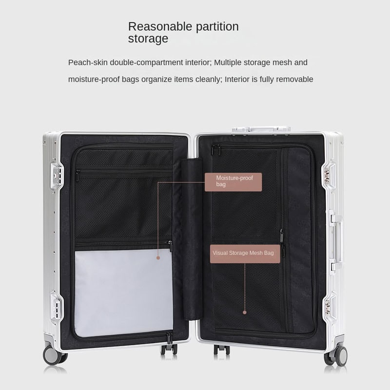 Redacted, moisture-proof travel suitcase with multiple storage compartments and removable interior, ideal for organizing essentials on the go, featuring mesh and waterproof bags for secure packing.