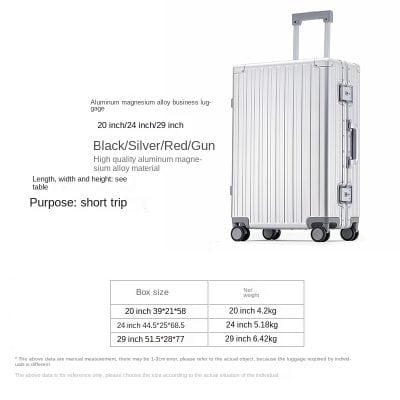 Aluminum magnesium alloy business luggage with four wheels, available in 20, 24, and 29 inch sizes, featuring durable high-quality construction for travel and short trips.