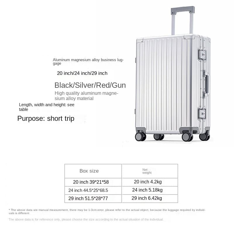 Aluminum magnesium alloy business luggage with four wheels, available in 20, 24, and 29 inch sizes, featuring durable high-quality construction for travel and short trips.