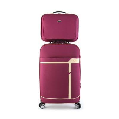Bright pink rolling carry-on luggage with hard shell, expandable compartments, and 360-degree spinner wheels, perfect for travel and style at Monalisa Store.