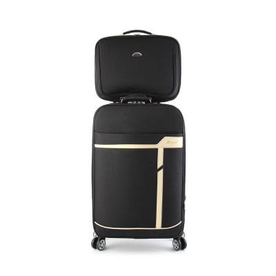 Lightweight black and beige travel suitcase with 4 spinner wheels and expandable design, ideal for long trips and business travel needs.