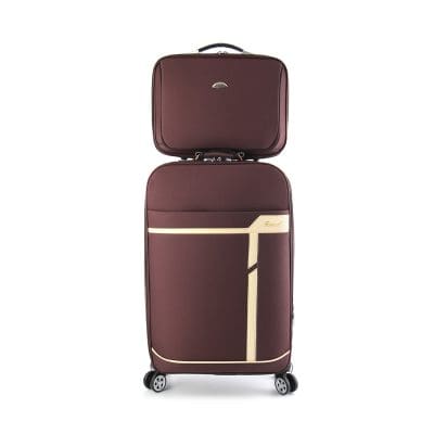 Stylish maroon and beige rolling travel suitcase with spacious compartments and durable wheels, ideal for business and leisure travel.