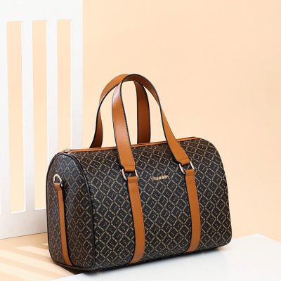 Luxurious designer travel duffle bag with monogram pattern, brown leather accents, and sturdy handles, perfect for stylish shopping and travel needs.