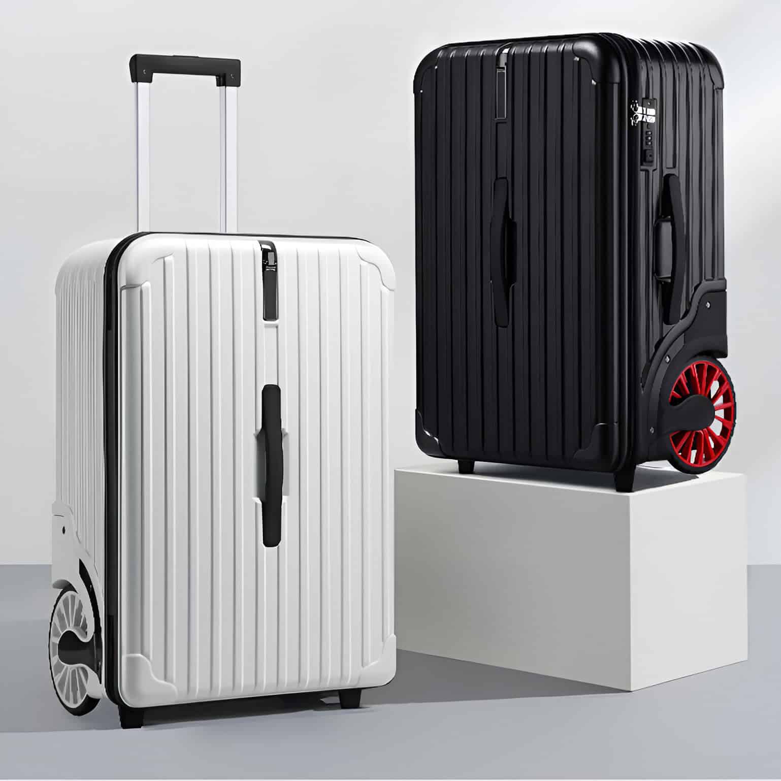 Polycarbonate lightweight modern travel suitcases with spinner wheels in black and white on display.