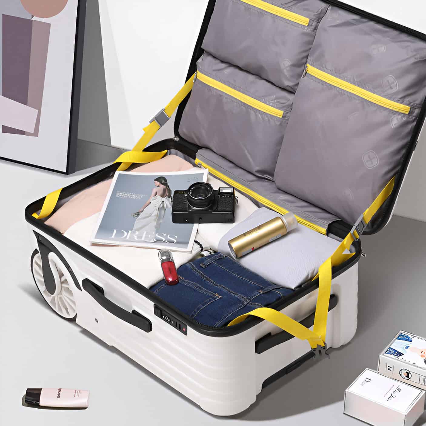 Suitcase with travel essentials, including clothes, camera, and skincare products, perfect for a stylish and organized trip. Ideal for travelers seeking convenience and fashion in their travel accessories.