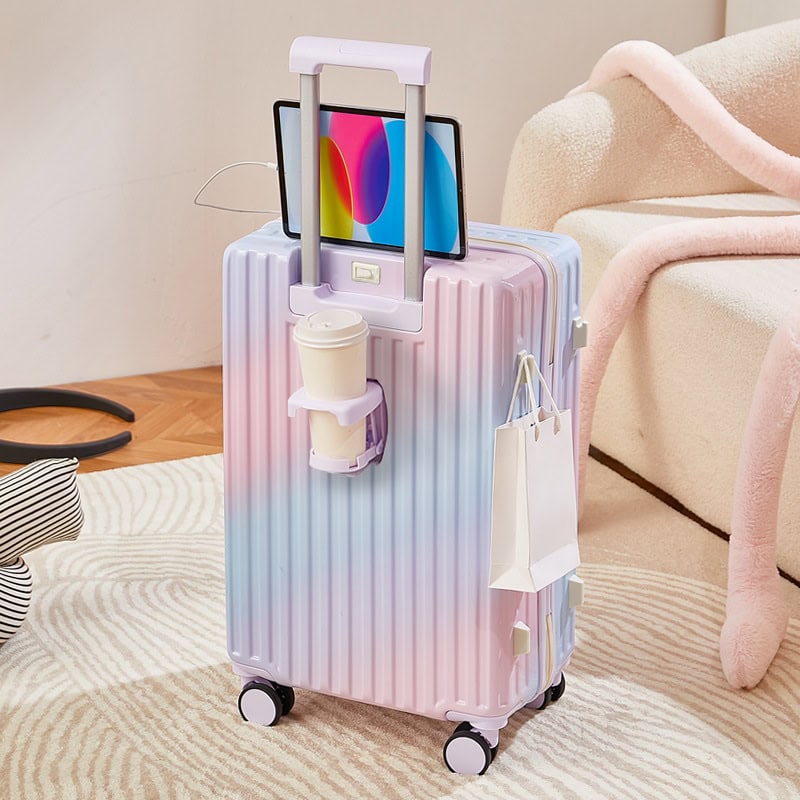 Travel suitcase with integrated tablet holder, coffee cup, and shopping bag for convenient travel essentials at Monalisa Medical Store.
