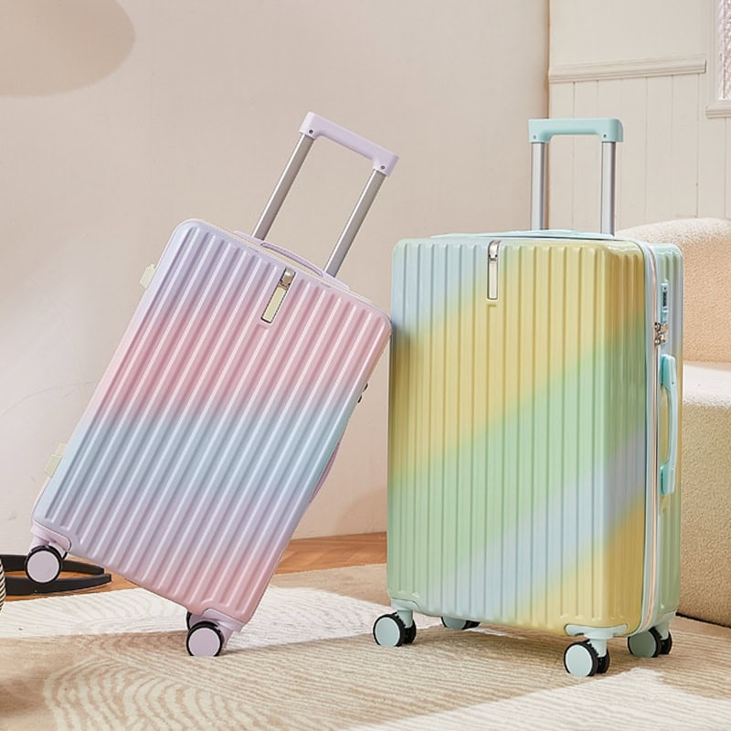Pink and green colorful suitcases with retractable handles and 4 wheels, stylish travel luggage for women and men, Monalisa Medical store travel accessories, durable and lightweight hardside luggage for trips and vacations.