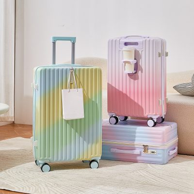 Rainbow-colored hard shell suitcases with wheels for travel and storage, stylish luggage sets for women and men.