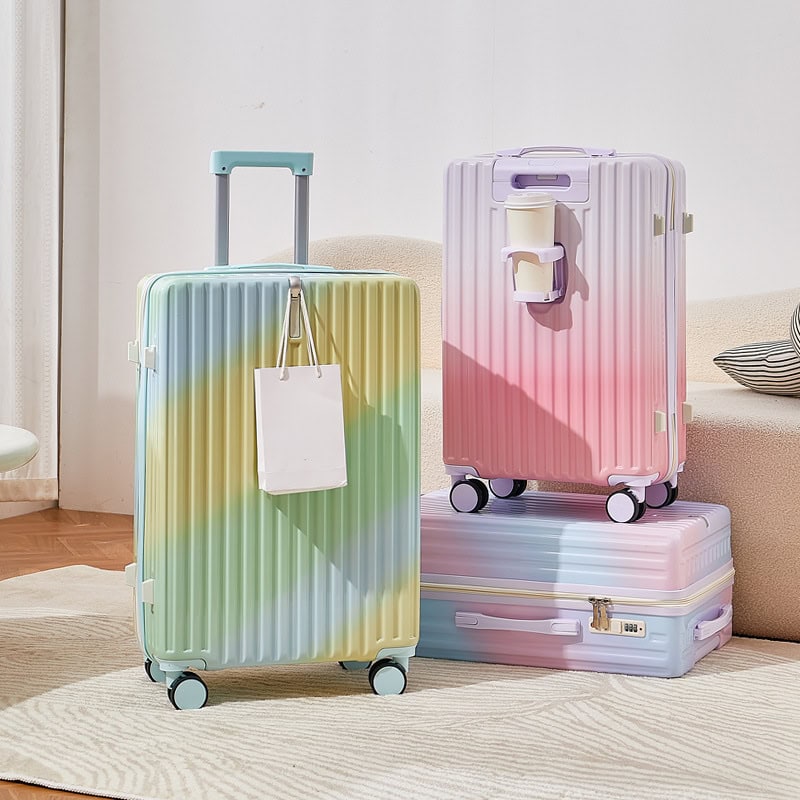 Rainbow-colored hard shell suitcases with wheels for travel and storage, stylish luggage sets for women and men.