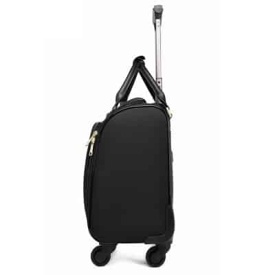 Stylish black rolling carry-on luggage with adjustable telescopic handle, durable wheels, and multiple compartments for travel convenience. Perfect for business trips and vacations.