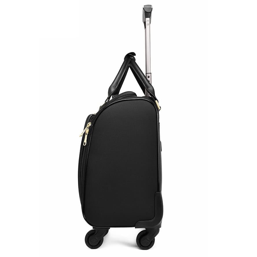 Stylish black rolling carry-on luggage with adjustable telescopic handle, durable wheels, and multiple compartments for travel convenience. Perfect for business trips and vacations.
