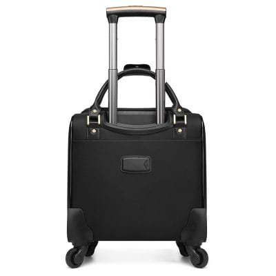 Hardside black rolling carry-on suitcase with extendable handle, lightweight travel luggage for business and leisure trips.