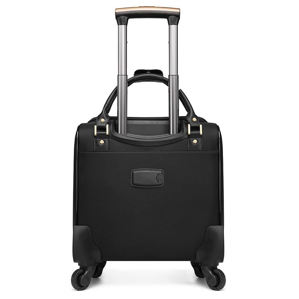 Hardside black rolling carry-on suitcase with extendable handle, lightweight travel luggage for business and leisure trips.