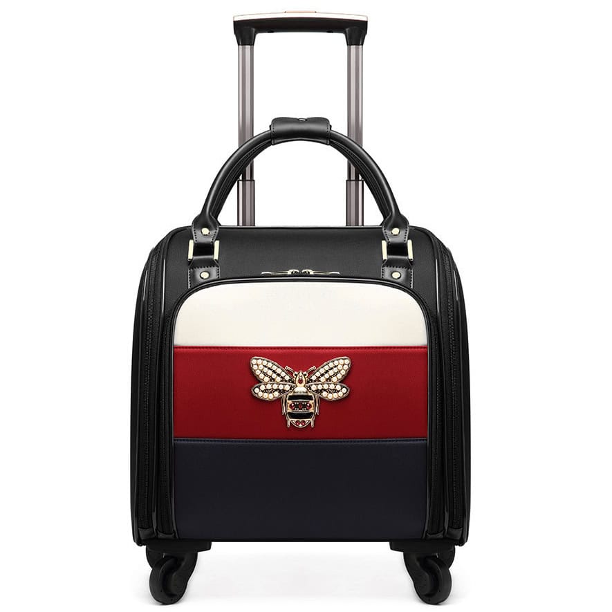 Stylish rolling carry-on with Monalisa Store branding, featuring a decorative bee embellishment, perfect for travel and optical accessories.