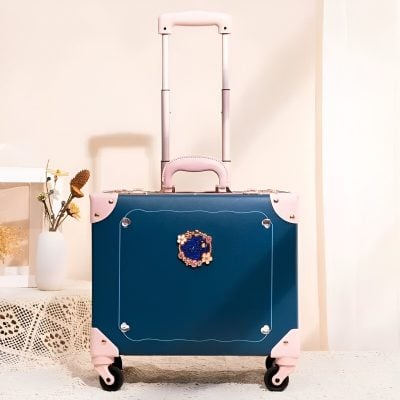 Light pink and blue travel trolley luggage with a decorative flower charm, designed for kids or travelers looking for functional and stylish luggage accessories.